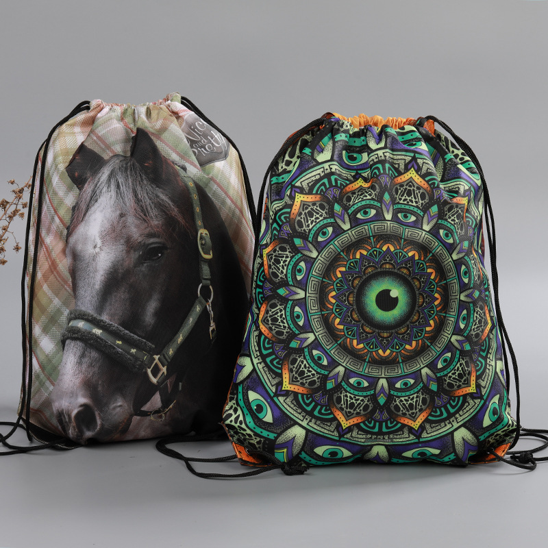 Logotipo publicitario simple mochila de gran capacidad bolsa de cuerda impresa poliéster con cordón bolsillo de almacenamiento bolsa de deporte de nylon impermeable image 4