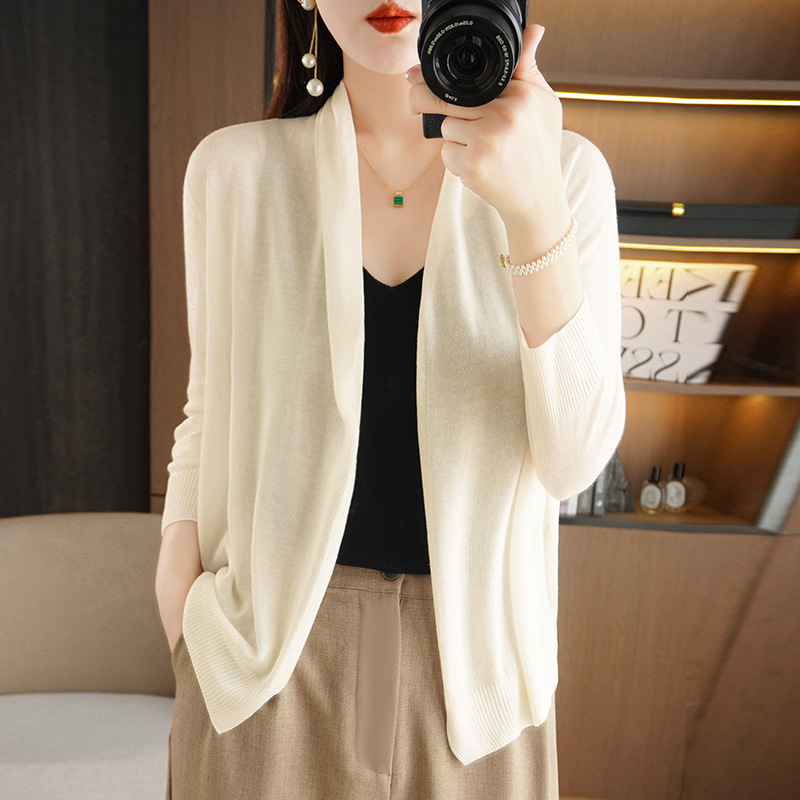 Cross-Border Summer V-Neck Knitted Cardigan Jacket for Women, Thin, Simple, Loose, Three-Quarter Sleeves, Sun Protection Air-Conditioning Shirt, Ice Silk Protection