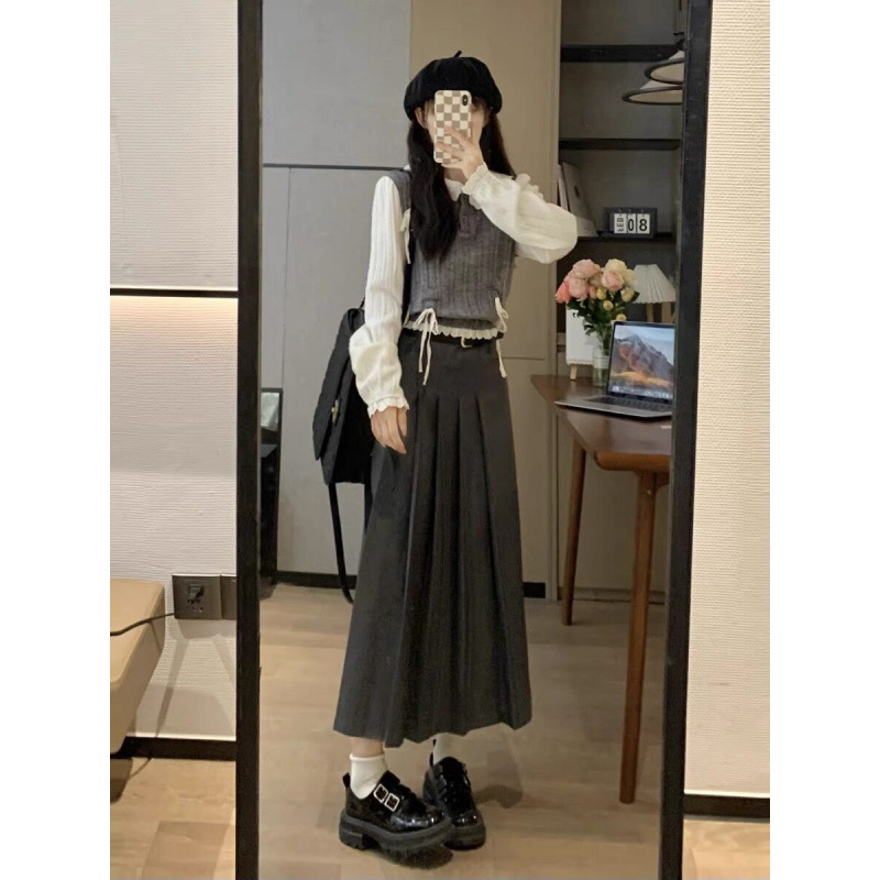 套装女秋季新款学院风毛衣衬衫假两件针织上衣复古气质灰色半身裙|undefined