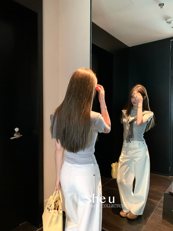 SHE U十三行韩系复古风条纹针织短袖2025秋季百搭修身带披肩小衫|undefined