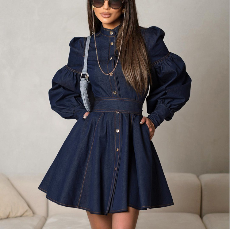 Cross-Border European and American 2026 New Style Denim Shirt Dress with Unique Design, Lantern Sleeves, Tie-Up, Elegant and Fashionable Dress