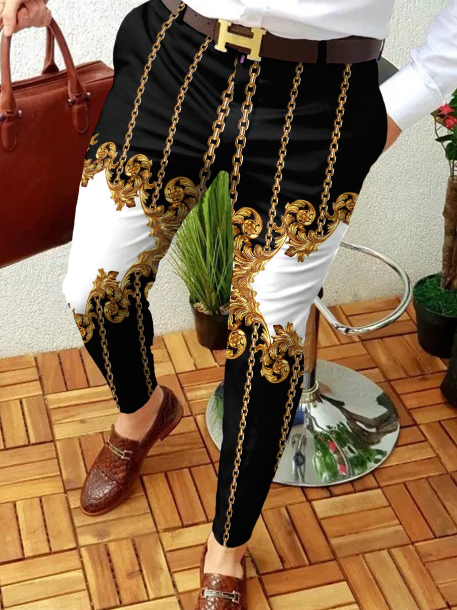 2023 estación independiente transfronteriza europea y americana nuevo patrón casual de los hombres impreso Mediados de cintura traje casual pantalones micro pantalones elásticos