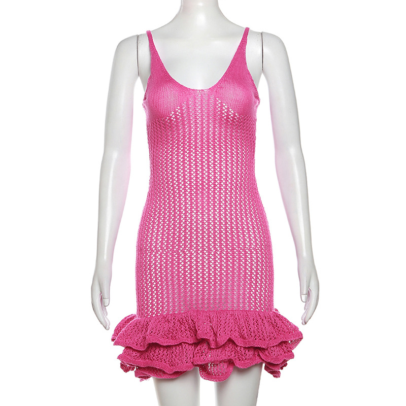 2024 Abito da donna nuovo sexy con bordo auricolare in legno cavo, lavorato a maglia, con fascia avvolgente_voghion.com