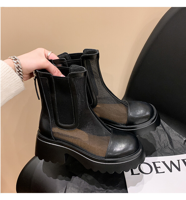 Boot ngắn nữ da bò mũi tròn đế dày thoáng khí khóa kéo sau — Màu đen, Màu mơ chi tiết 54