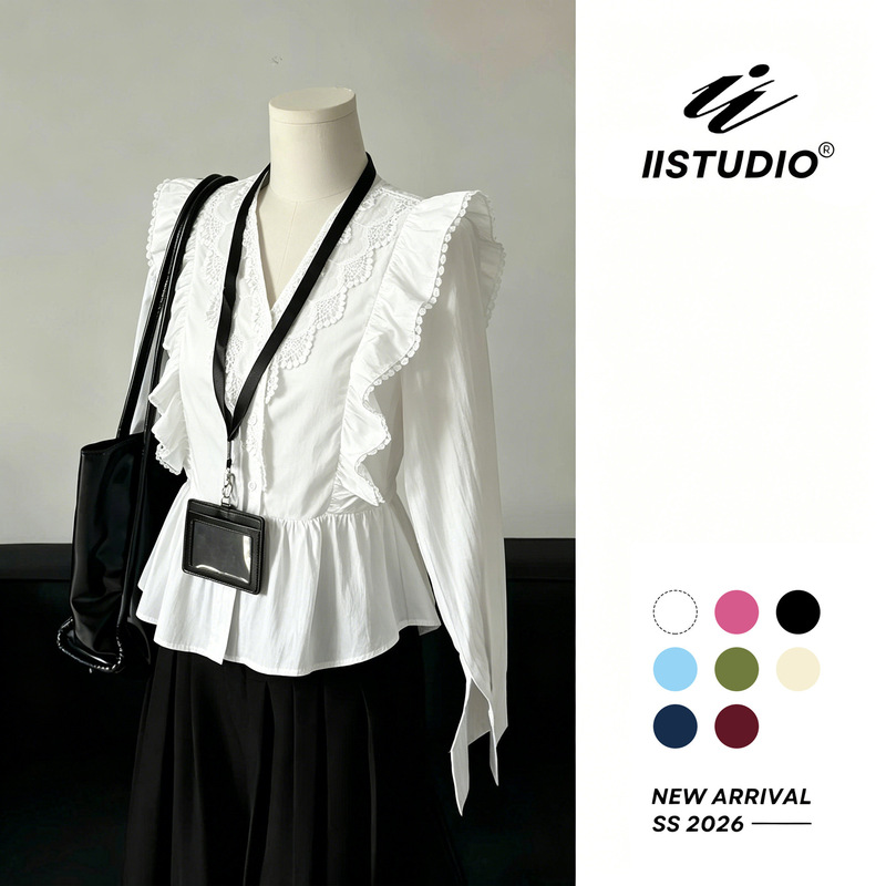 Amazon's 2026 Autumn New Cross-Border European and American Women's Casual Solid Color Lace Splicing Ruffled Long-Sleeved Top