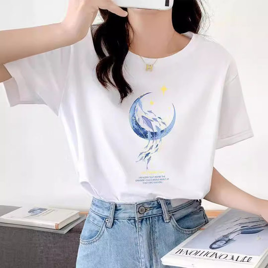 Loose Cotton Short-Sleeved T-Shirt Women's Summer New Style Beautiful Top Design Printed Half-Sleeved Women's Round Neck Summer