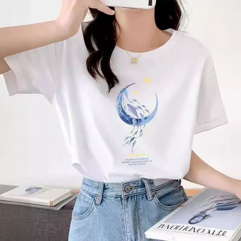 宽松纯棉短袖t恤女2025夏季新款圆领上衣设计感印花情侣半袖代发