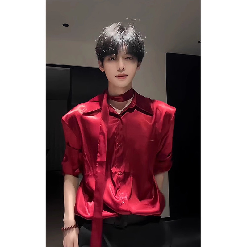 Abstinence Male Model Wears Satin Ribbon Shoulder Pads Burgundy Shirt Men's High-End Handsome Long-Sleeved Shirt Jacket