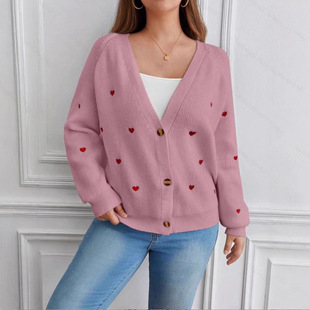 Autumn and Winter Cross-Border Women's Knitted Tops Fashionable Red Heart Jacquard V Neck Sweater Women's Versatile Long-Sleeved Knitted Jacket Women