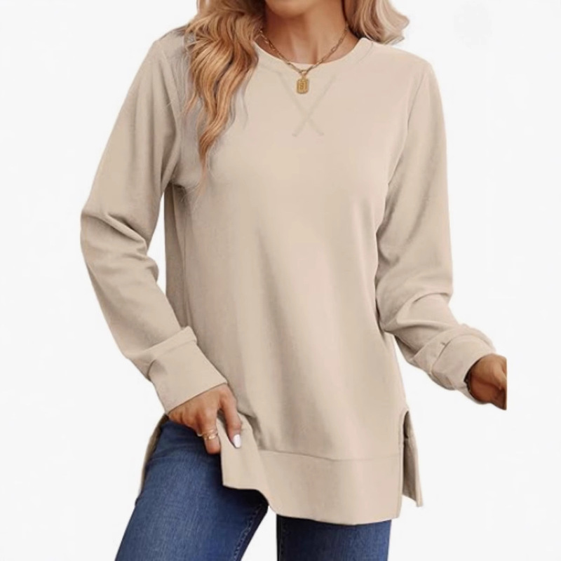 Cross-Border European and American Clothing Amazon 2025 New Autumn and Winter Round Neck Bottom Slit Long-Sleeved T-Shirt Loose Casual Top