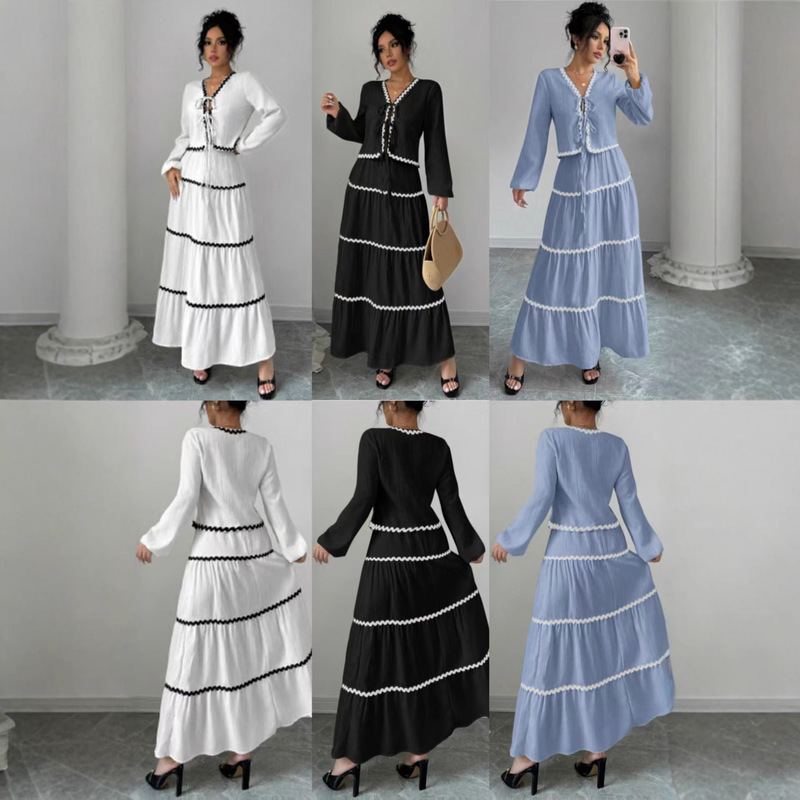 European and American Export Cross-Border Amazon Lace Layered Pleated Lantern Sleeve Bow Shirt and Skirt Suit for Women