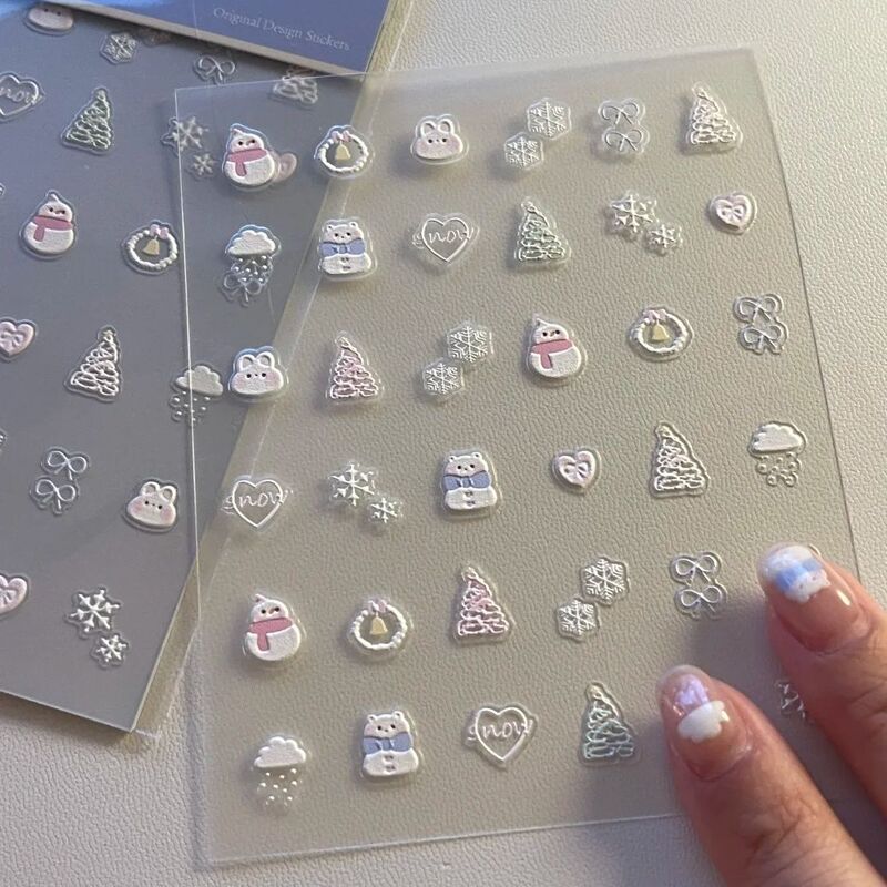 Korean Ins Style Snowflake Snowman Embossed Nail Art Stickers Girly Heart Bow Christmas Book DIY Nail Stickers with Adhesive Backing