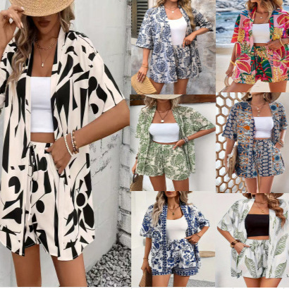 2025 Cross-border Explosions Holiday Printed Elegant Two-piece Shirt Short-sleeved Top Lace-up High Waist Shorts Explosions 2025 Cross-border Explosions Holiday Printed Elegant Two-piece Shirt Short-sleeved Top Lace-up High Waist Shorts Explosions