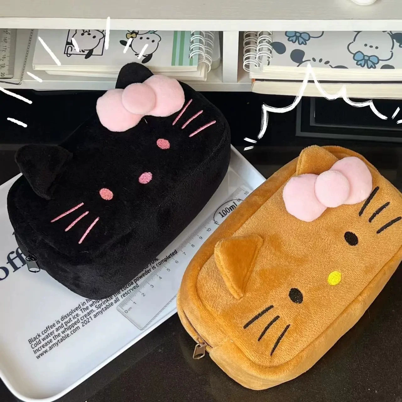 Pencil Case Hello Kitty, Plush Large-Capacity Storage Bag, Soft Bow Design