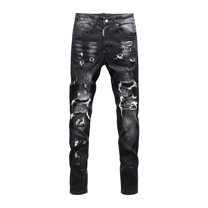 Light Luxury Ripped Patch Jeans for Men European and American Elastic Slim Fit High-End Retro Nostalgic Washed Casual Pants Light Luxury Ripped Patch Jeans for Men European and American Elastic Slim Fit High-End Retro Nostalgic Washed Casual Pants