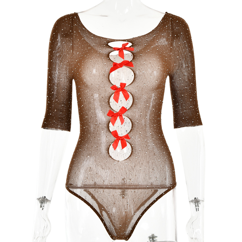 Transfronteriza de Europa y América 2023 Otoño Nueva Sexy Chica Caliente de punto elástico de alta perspectiva arco hueco rhinestone mono image 8