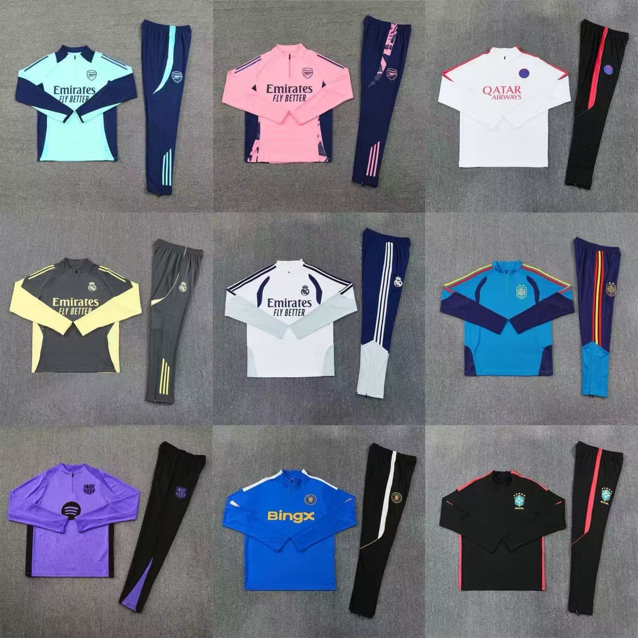 Wholesale Real Madrid, Barcelona, Arsenal, Chelsea, Ajax, France, Brazil winter long-sleeve half-zip training uniforms