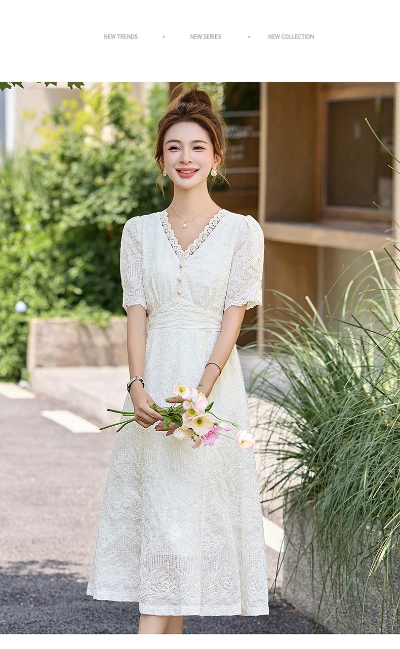 Váy liền ren cổ chữ V chít eo dáng dài phong cách cổ điển ME5627 — Màu như hình chi tiết 14