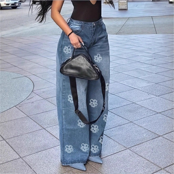 Atc08977 European and American Cross-Border Fashion Women's Clothing Early Autumn Loose Jeans Floral Print Straight Casual Pants