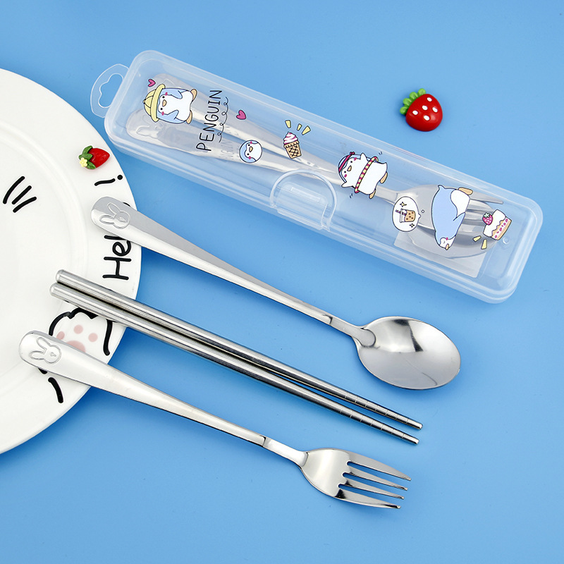 新しい漫画ポータブル食器 3 点セットステンレス鋼フォークスプーン箸学生かわいい食事食器セット|undefined