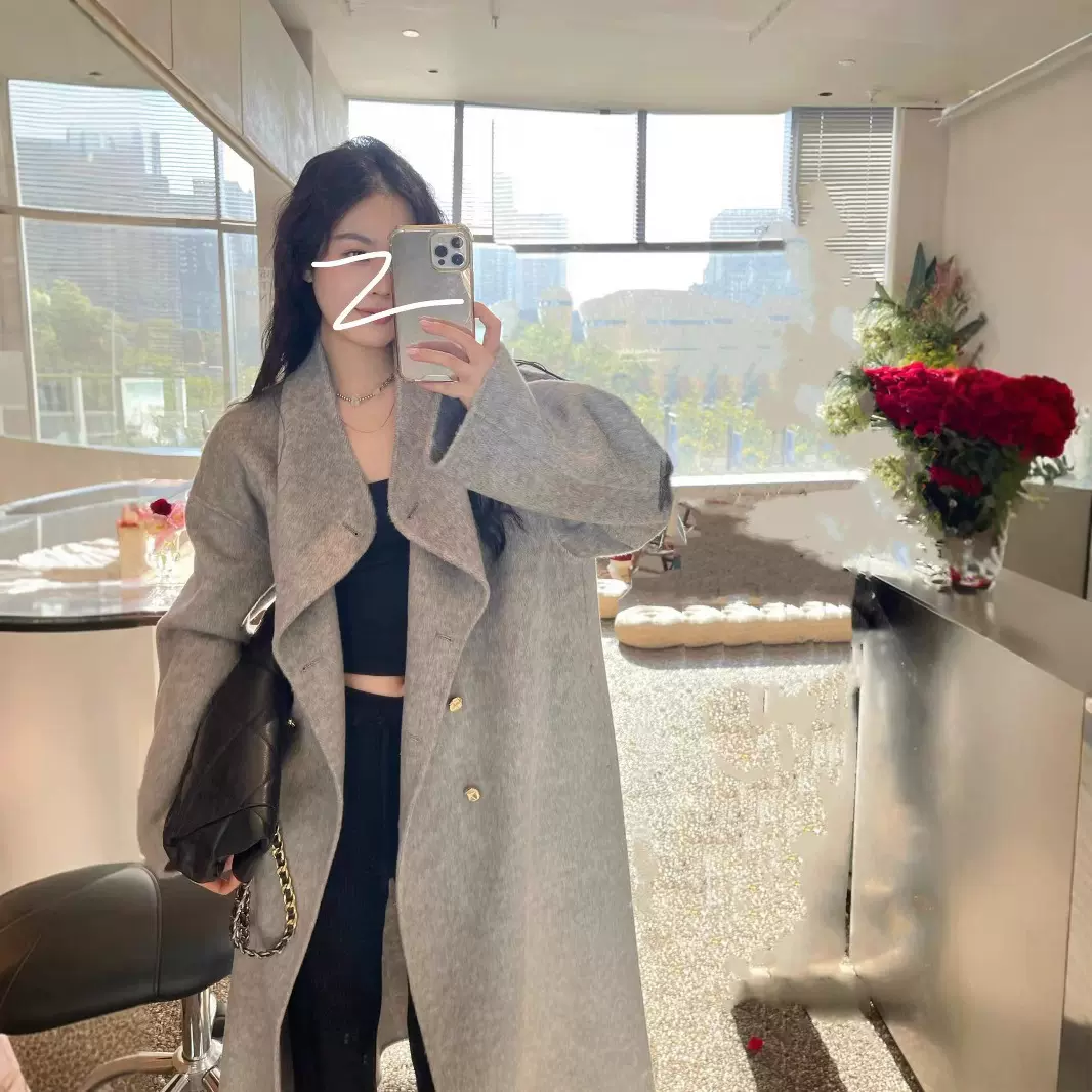长毛高级感金扣灰色羊绒双面呢子大衣女秋冬加厚宽松羊毛呢女外套