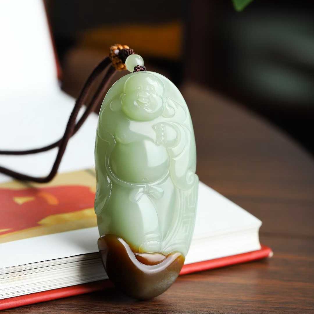 玉器工艺品天然新疆和田玉若羌黄口料老料俏糖色弥勒佛吊坠玉挂件