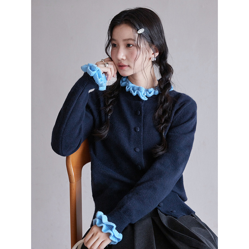 【花边日记】歌铭法式双层花边针织开衫女冬季新款长袖毛衣N721C