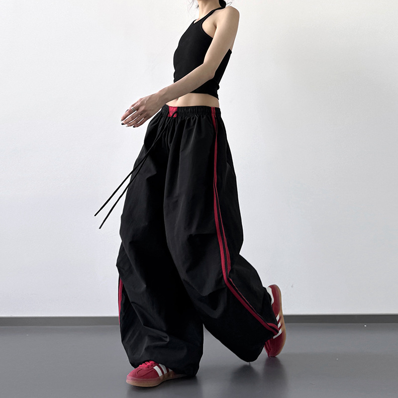 Cool and Quick-Drying Sports Paratrooper Pants for Women 2023 Summer Thin American Retro Contrast Stripesd Casual Wide-Leg Pants