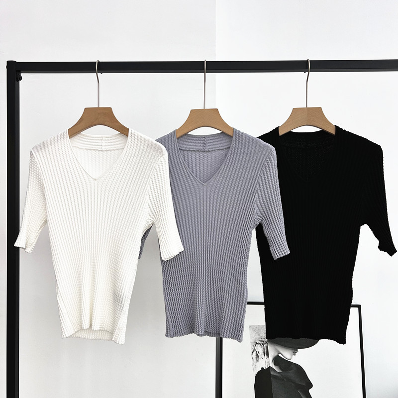 24 new summer women's pullover V-neck mid-sleeve solid color simple…