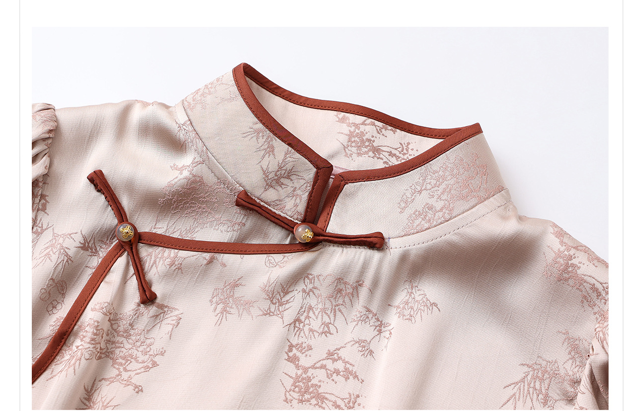 Áo sơ mi nữ cổ đứng tay bồng thêu họa tiết jacquard phong cách Trung Hoa mới — Hồng đào chi tiết 6
