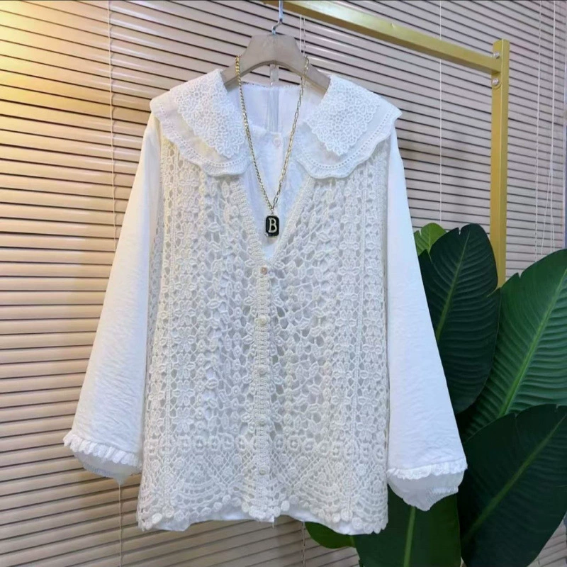 Европейский модный комплект для женщин больших размеров: вязаный крючком жилет + рубашка с кукольным воротником, универсальный модный наряд