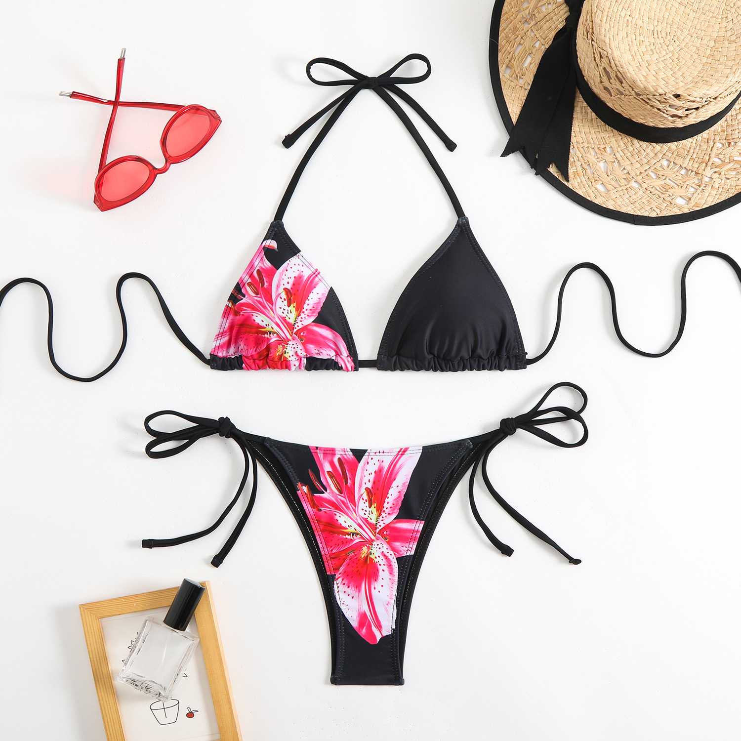 84g Weight Sexy Feel Of Sensation Bikini Panties Style Polyester Fabric Type 2 Pieces Set Quantity Swimming Pool, Beach Occasion Flower Pattern Women's Gender Women's Flower 2 Pieces Set Bikinis Swimwear 4