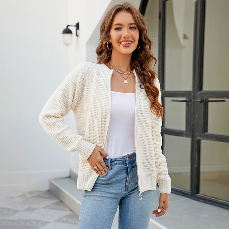 Mao Mao Yu 2023 Autumn and Winter New European and American Cross-border Sweater Cardigan Women's Solid Color Zipper Crewneck Sweater Jacket Mao Mao Yu 2023 Autumn and Winter New European and American Cross-border Sweater Cardigan Women's Solid Color Zipper Crewneck Sweater Jacket