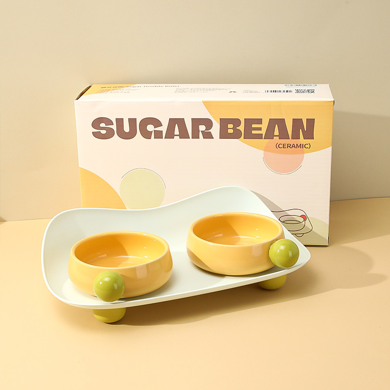 Caja de azúcar de frijol cerámica doble tazón de cuero Taobao original mascota plato gato tazón creativo gran diámetro tazón perro tazón al por mayor
