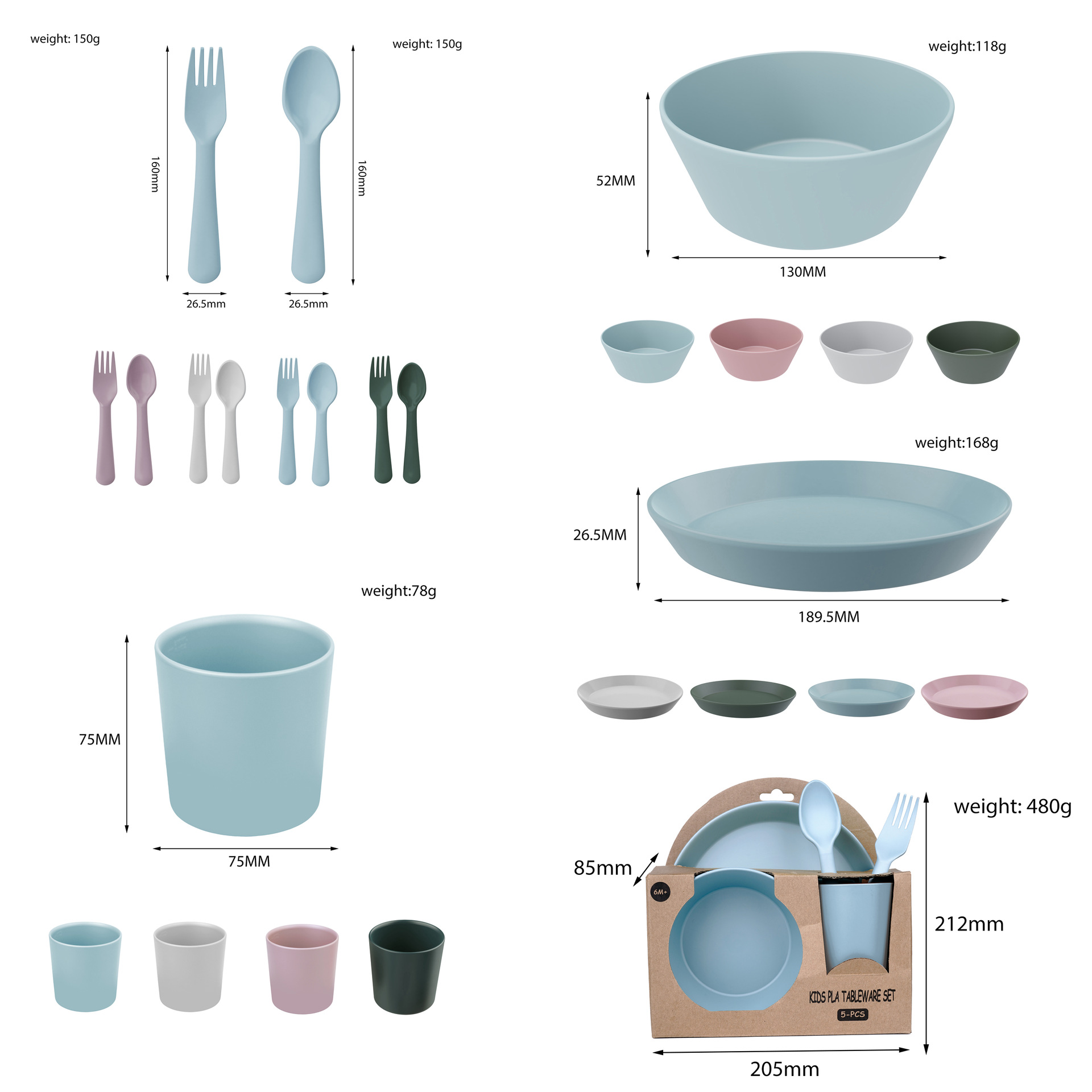 Pla biodegradable cubiertos ecológicos al por mayor infantiles alimentación infantil cubiertos set de cinco piezas cubiertos de alimentos suplementarios para niños