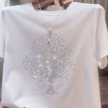 五彩镶钻发财树圆领短袖T恤女2024夏季新款洋气纯色内搭显瘦上衣