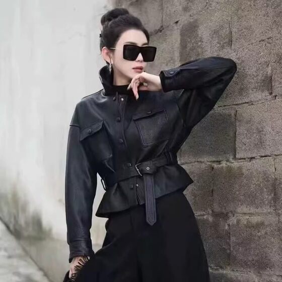 Star Same Style 2025 Spring New Genuine Leather Women's Tight Waist Lace Sheepskin Casual All-match Jacket Coat