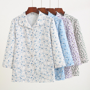 Middle-Aged and Elderly Women's Pure Cotton Shirts, Grandma's Three-Quarter Sleeve Cotton Clothes, Summer Mother-In-Law Tops, Mother's Lapel Shirts