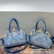 易理新款夹子搭扣牛仔玻璃条编织时尚潮流个性单肩手提包斜跨女包