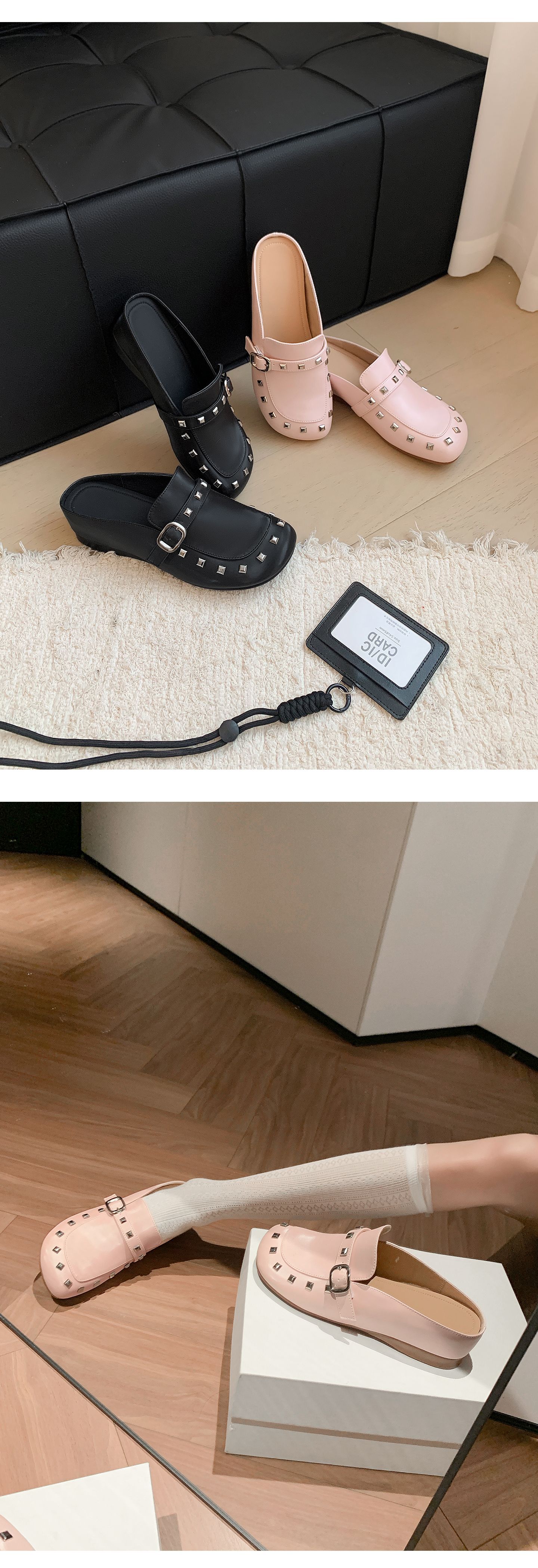 Mule nữ bít mũi đế tăng 4cm đinh tán – giày hè một bước xỏ — màu đen, màu hồng chi tiết 17