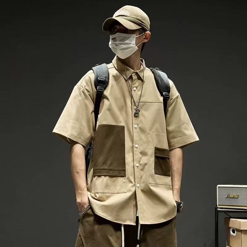 Boyue Hong Kong Style Tie-Dye Gradient Denim Shirt Handsome Retro High Street Casual Splicing Short-Sleeved Jacket for Men