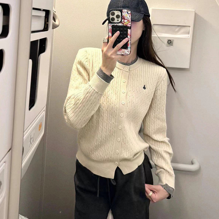 刺绣假两件针织开衫女圆领绞花秋冬新款打底上衣长袖麻花毛衣外套|undefined