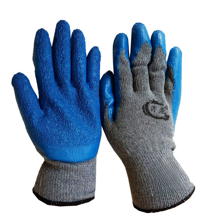 沂龙灰纱十针蓝乳胶皱纹手套 平挂浸胶防滑耐磨建筑劳保防护手套
