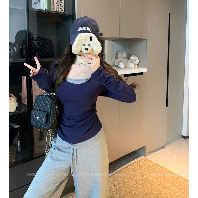 2025秋装新款胖mm大码女撞色别致假两件掐腰显瘦修身内搭长袖上衣|undefined