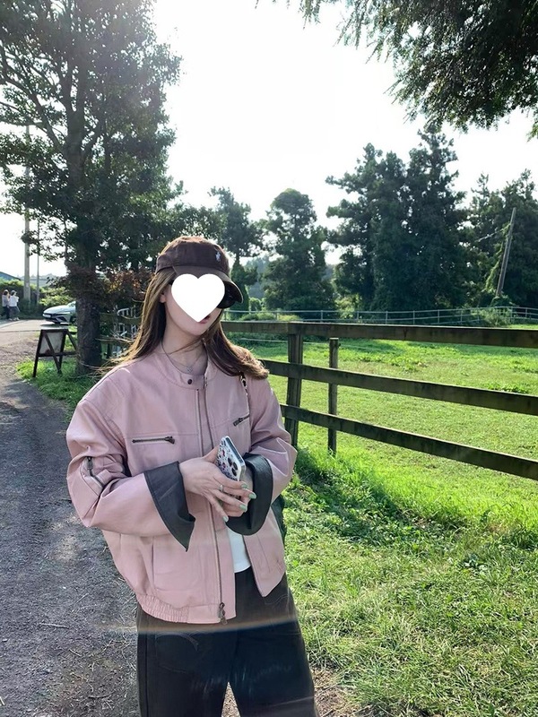 im向 曼哈顿暮色’设计感撞色拼皮粉色皮衣外套女秋季/水洗棉夹克|undefined