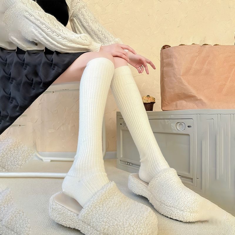 White demi-season warm woolen knee socks