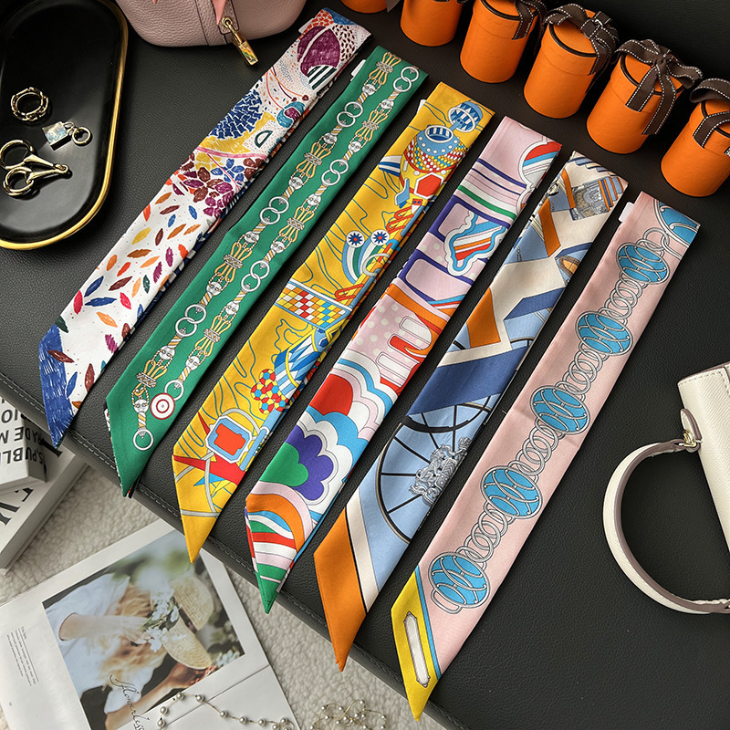 高品質H馬家シルクスカーフツイルロング細い細いバッグ巻きハンドルシルクストリーマーネックリボン|undefined