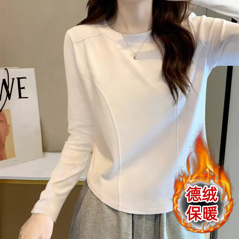 Korean Style Warm Base Layer Shirt for Autumn and Winter New Slim Fit Curved Hem German Velvet Long-Sleeved Fishbone Top for Women