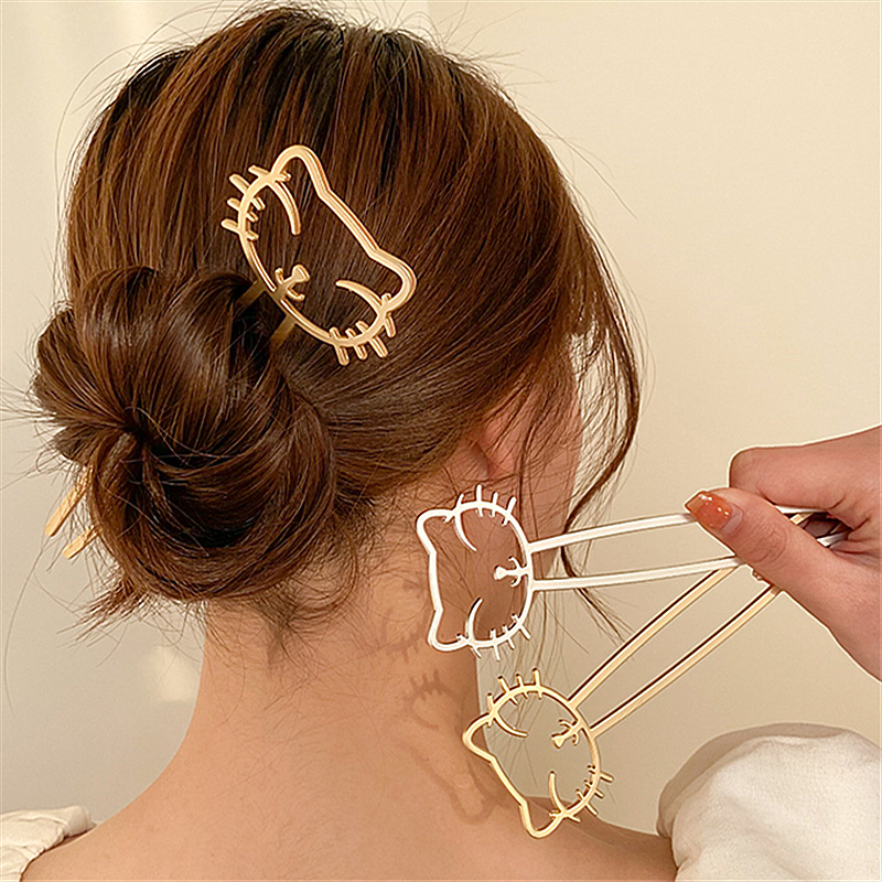 2106282 (1)可爱磨砂金属猫咪发簪简约现代盘发发插发