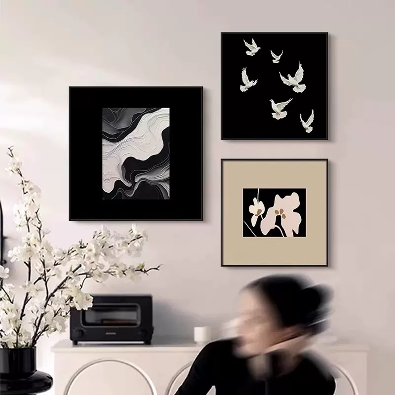 黑白抽象餐厅装饰画现代极简沙发背景墙挂画复古花鸟艺术组合挂画